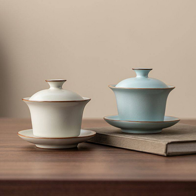 汝窯 月白 米黃 馬蹄蓋碗 陶瓷 帶蓋碗 復古造型, 如圖所示, 1個