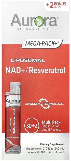 Aurora Nutrascience Liposomal NAD+/Resveratrol 32 Packets 0.68 fl oz 20 ml Each - 쿠팡