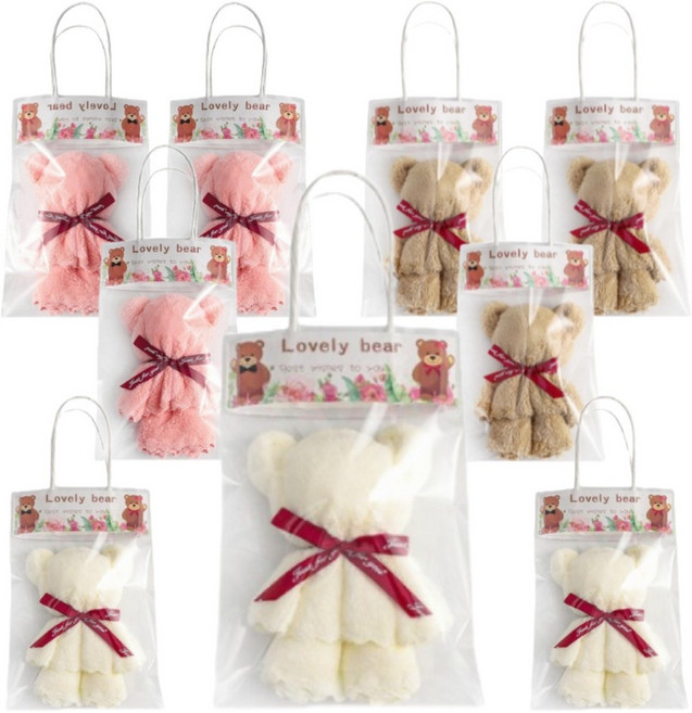 케이엠 곰돌이수건 답례품 행사 단체 생일선물포장, 화이트3개+핑크3개+브라운3개, 1개, 혼합색상