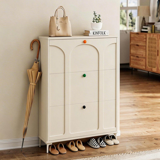 슬림신발장 크림슨 초슬림신발장 도파민 손잡이, 3단, 화이트 80CM