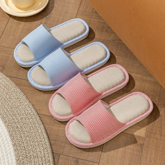 (당일발송) 1+1 스트라이프 슬리퍼 층간소음방지 린넨 실내화 심플 거실화