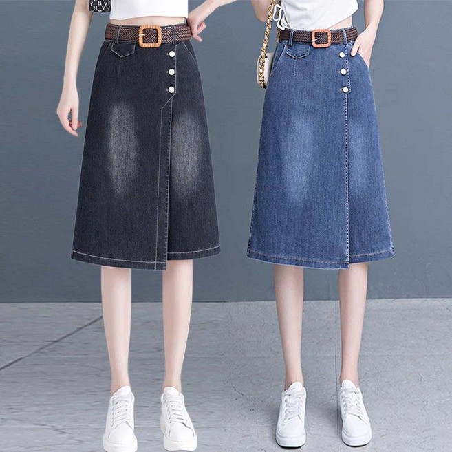 AOKADA 와이드팬츠 통바지 여름 밴딩 7부 반바지 여성 데님 치마바지