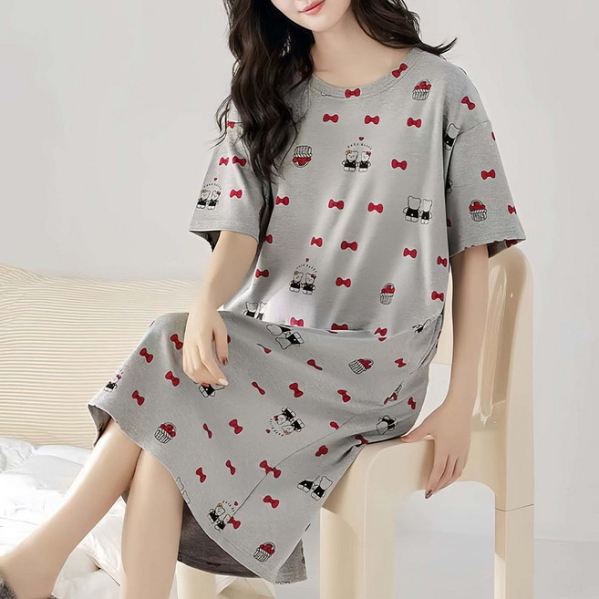 지고다그 여성 여름 면 반팔 라운드넥 잠옷 원피스 프린트 루즈핏 편한핏 홈웨어 LJMA0339
