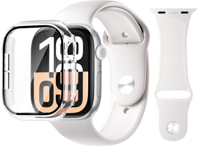 AITEWO 애플워치 호환 실리콘 원버튼 스트랩 스포츠 밴드 풀커버 강화유리 케이스 세트, 1개, 스타라이트 M