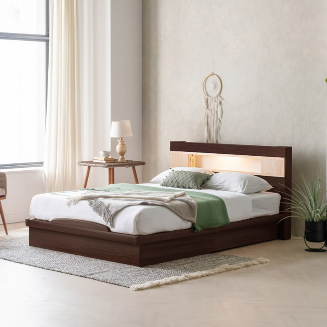 동서가구 세렌 편백선반 LED 평상형 퀸 원목 침대+9존독립매트리스 Q DF909496, 월넛