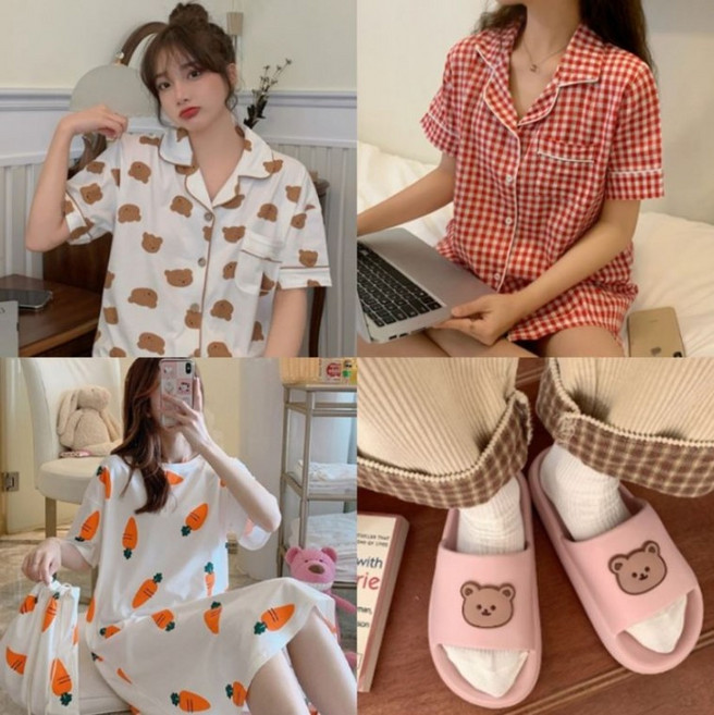 반팔 셔츠 원피스 여름 잠옷 17종 아동 성인/ 곰돌이 슬리퍼 2종 / 봄 가을 파자마 상하의 세트