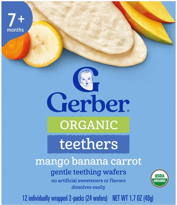 Gerber 유기농 티더 부드러운 치아 발육 웨이퍼 7개월 이상 망고 바나나 당근 개별 포장된 2팩 12개 각 4g(0.14oz) Gerber (거버), Gerber, 유기농 티더, 부드러운 치아 발육 웨이퍼 - 쿠팡
