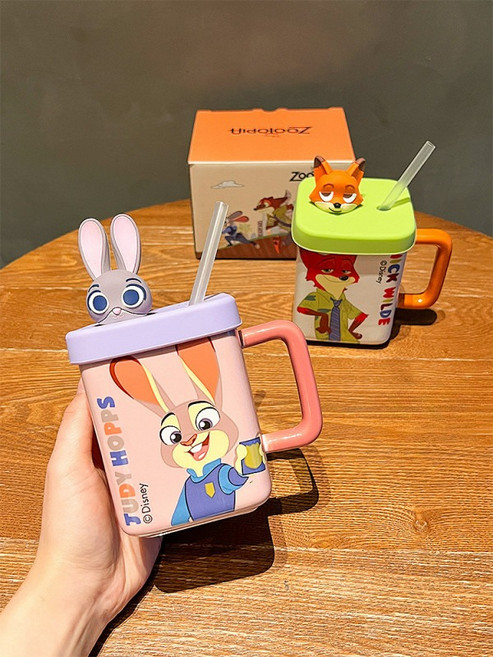 주토피아 도자기 머그컵 빨대 손잡이 음료컵 텀블러, 1개, 주디 브러쉬 세트