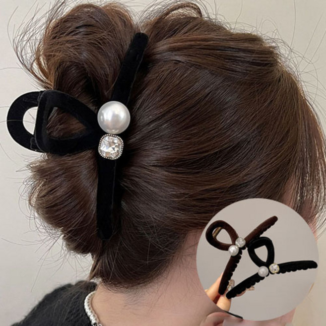 여성 큐빅 진주 매트 벨벳 올림머리 헤어 집게 핀 2종 세트 H230S