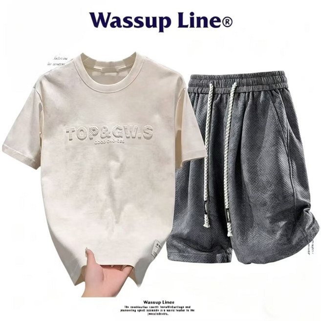 Wassup Line 潮牌美式扎染休閒短袖短褲套裝 夏季男裝, 1個, 米白色鋼印短袖+深灰色短褲【一整套】M 推薦80-100斤