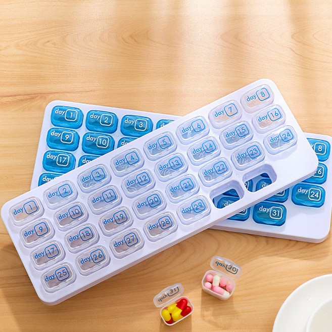 다세코 약통 블루1개+투명1개 휴대용약통 요일별 한달약통 31일 알약 약 영양제 정리함 케이스 약통, 1세트