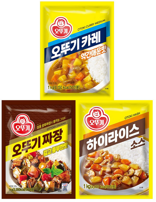 오뚜기카레 약간매운맛 1kg+오뚜기짜장 1kg+하이라이스소스 1kg(총 3개), 3개, 1kg