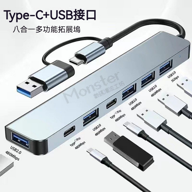 TYPE-C HUB轉接器 八合一 4k HDMI 雙接口 集線器 擴展器 高速 讀卡器 擴展塢, 1個, 8合二雙頭拓展塢, 銀色, USB+PD+SD