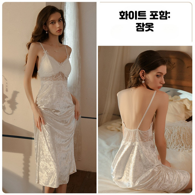 여성 벨벳 슬립가운 세트 섹시한 딥V 파자마 나이트웨어 여름 얇은 끈나시 홈웨어 시원한 착용감 편안한 실내복 스타일