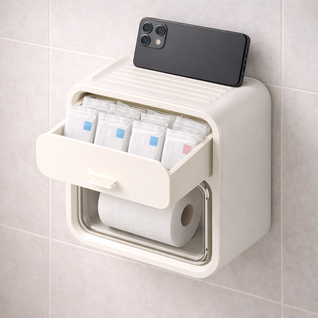 베이직앤드 시크릿 수납 무타공 휴지걸이, 크림, 1개