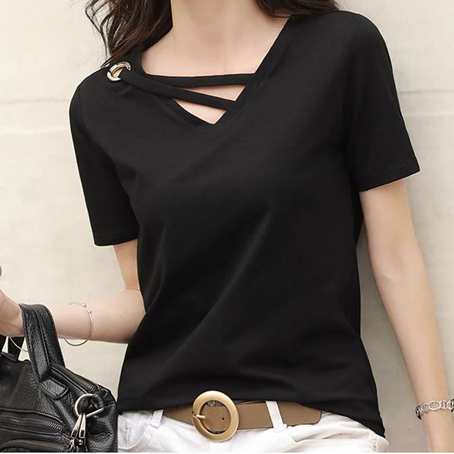 VVRR 여성 브이넥 솔리드 컬러 언발란스 스트랩 포인트 반팔 티셔츠 A0041417