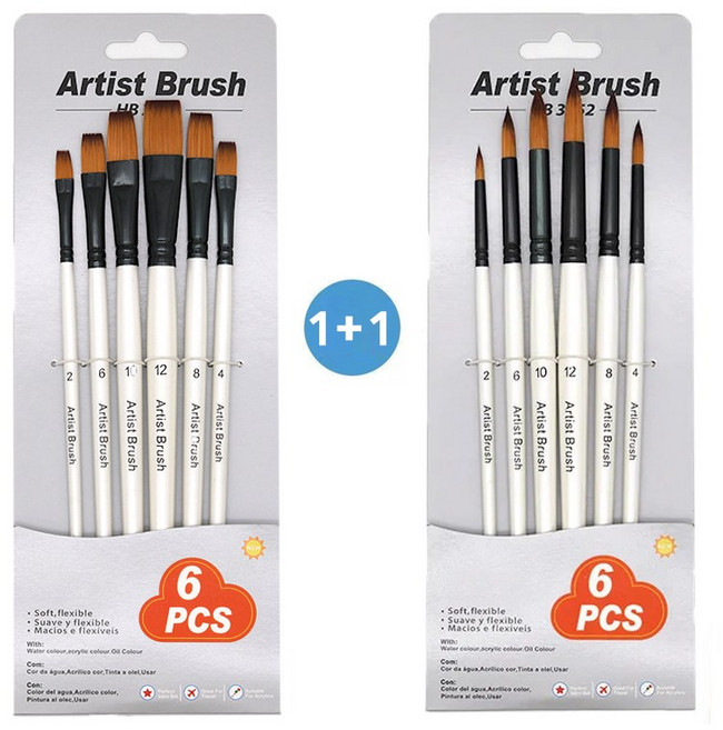 [1+1] HB문화사 프리미엄 6P 수채화 둥근붓 평붓 브러쉬 아크릴 유화 겸용 셋트 화이트, 1개, 평붓+둥근
