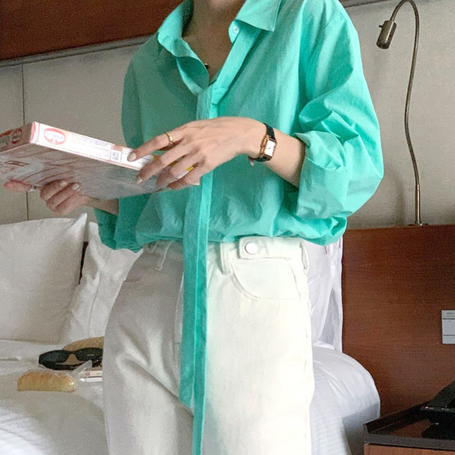 네모엔룩 여성용 타이코튼 분리형 리본장식 루즈핏 남방 카라넥 긴팔 셔츠 면 블라우스 (끈포함) NL