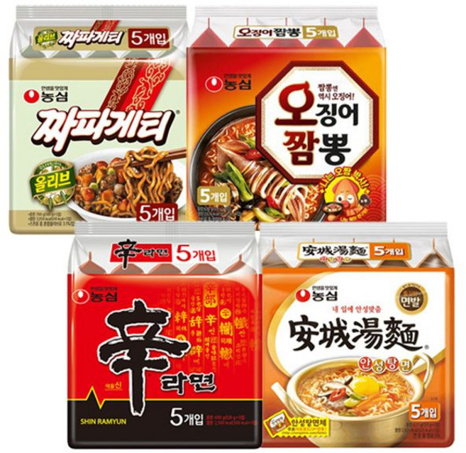 (모모라면) 라면 4종 신라면 120g + 짜파게티 140g + 오징어 짬뽕 124g + 안성탕면 125g