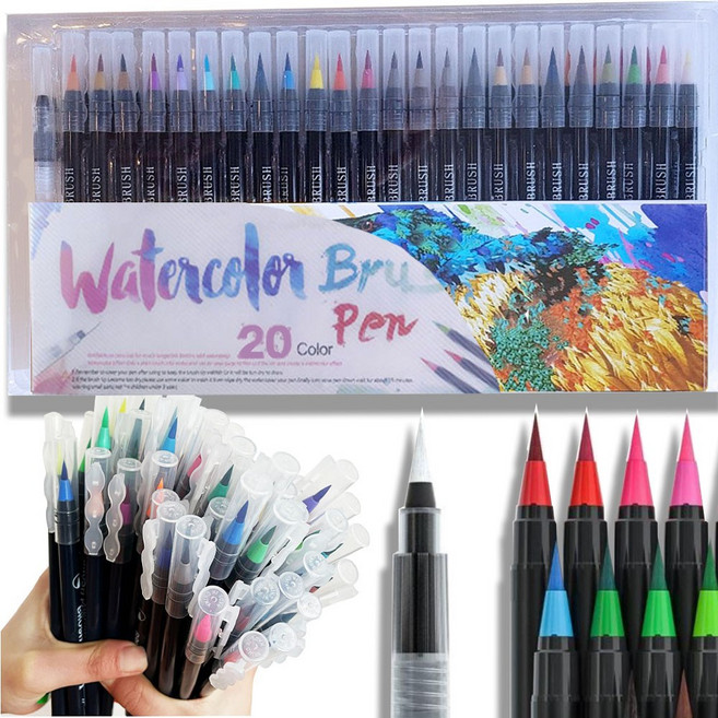 워터 컬러 브러쉬 붓펜 캘리그라피 브러쉬 세트 미술 수채화 물붓 펜, 1개, 20색+워터브러쉬1개