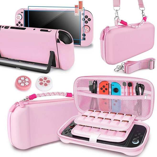 TIKOdirect Carrying Case for Switch 2 Portable with 24 Game Card Slots Wrist Strap Shoulder Pro, 핑크