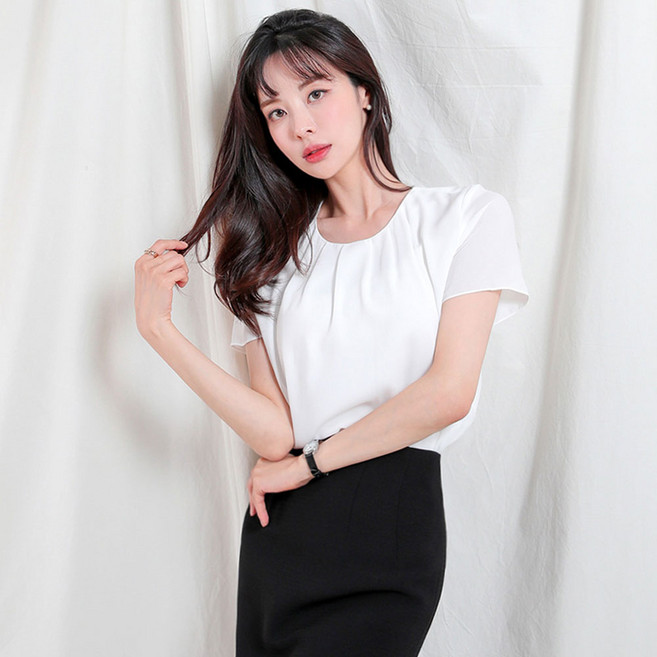 더웨이나인 여성 면접용 블라우스 반팔 정장 흰색 빅사이즈 플레어셔링일자