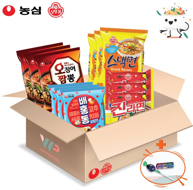 농심 오뚜기 봉지라면 혼합세트 4종 12봉입 오징어짬뽕 3개입+배홍동면 3개입+스낵면 3개입+진라면매운맛 3개입 총12봉입 멘토스+투시팝캔디 사은품 2종 증정, 1개