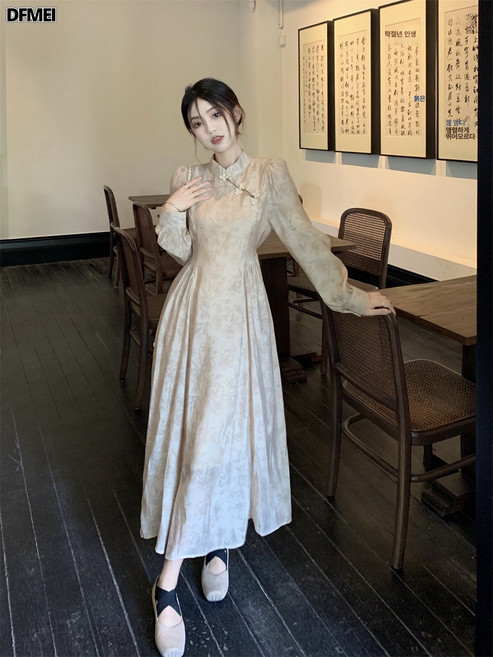 DFMEI 빈티지 차이나 국수 개량 버튼 기질 롱 슬림핏 퍼프 긴팔 원피스