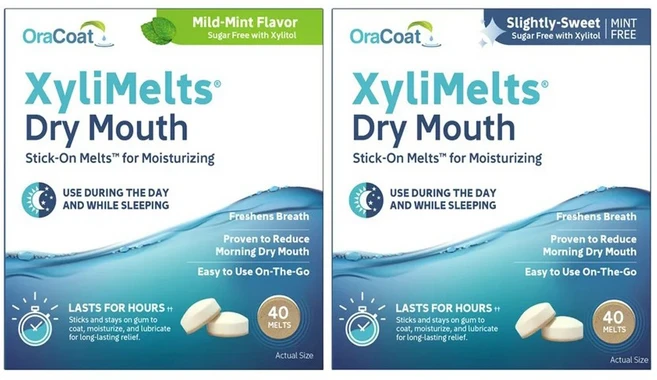 오라코트 자일리멜츠 드라이마우스 자일리톨 구강건조증 민트 2종택1 OraCoat XyliMelts, 1개 - 쿠팡