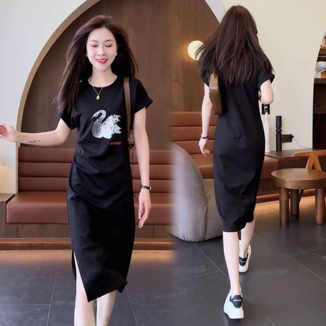 圓領短袖洋裝 中長版開叉連衣裙 T恤裙女 夏季新款簡約休閒裙, 黑色, L