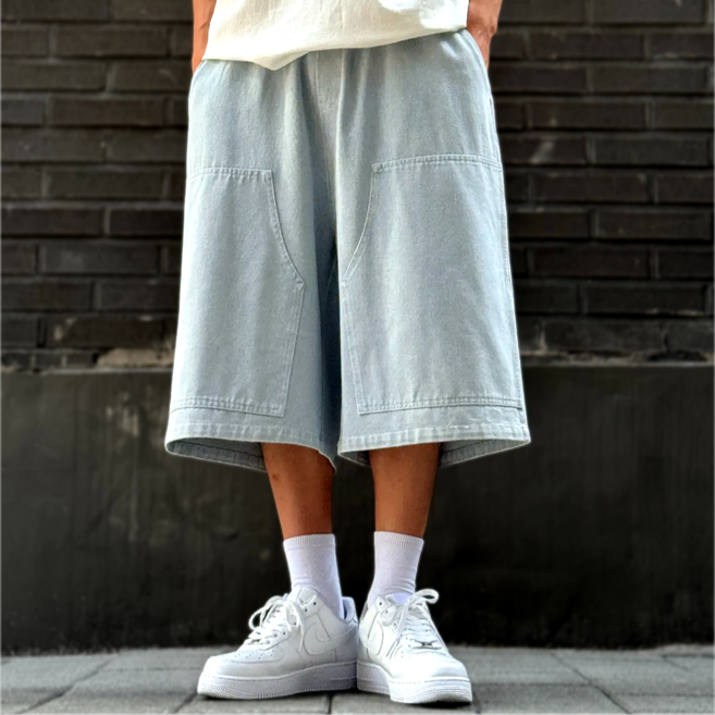 시온 더블니 데님 와이드 버뮤다팬츠