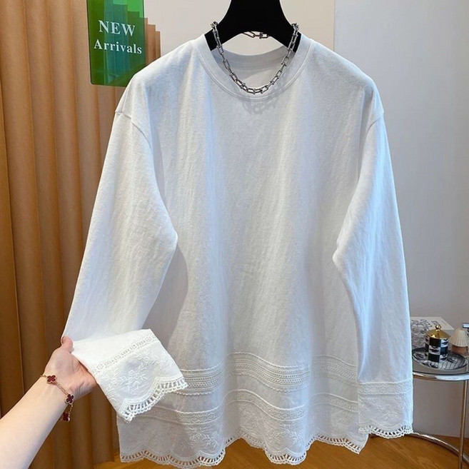 로엔나 여성 레이스 긴팔 티셔츠 루즈핏 화이트 블라우스