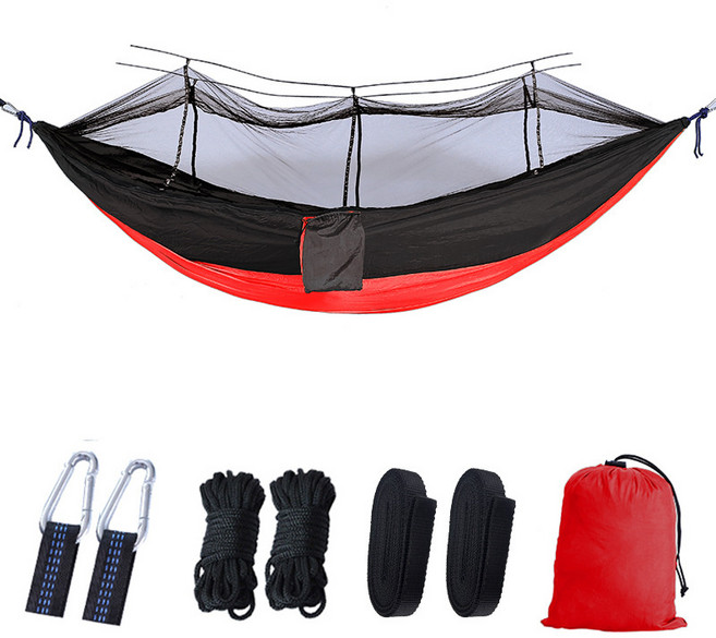 單雙人蚊帳吊牀戶外防側翻高承重降落傘布露營鞦韆野營吊牀, 260*140cm黒拼紅:如圖
