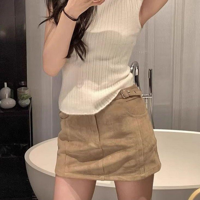高腰麂皮絨包臀短裙