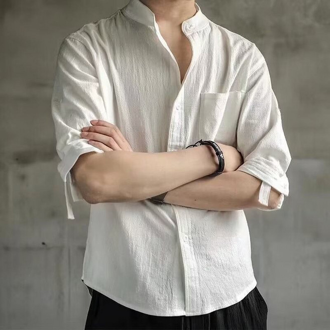 男裝七分袖襯衫 仿棉麻透氣舒適 休閒中國風夏季上衣