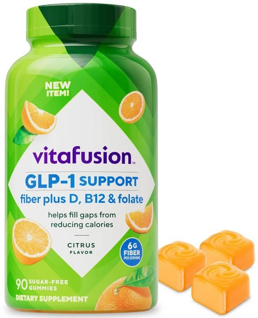 Vitafusion GLP-1 서포트 파이버 플러스 비타민 D B12 및 엽산 젤리 비타민 시트러스 맛 무설탕 90개 30일 분량, Vitafusion GLP1 서포트 파이버 플러스 비타, 1개, 90정 - 쿠팡