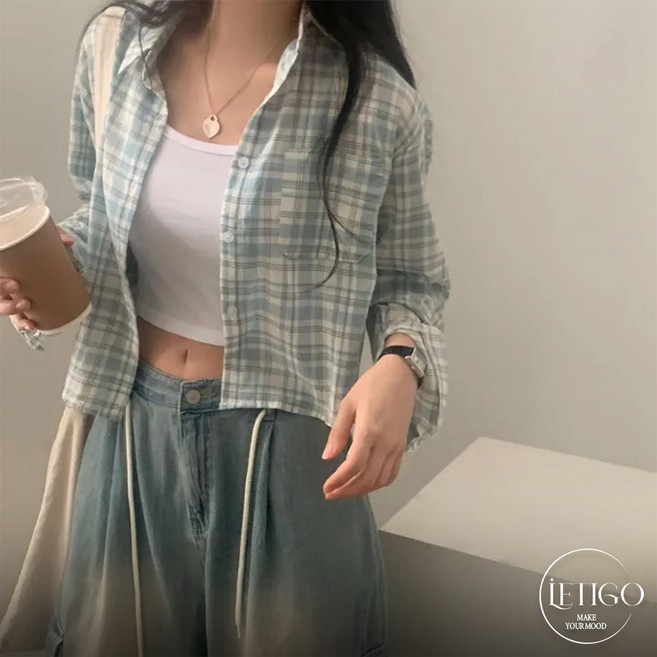 레티고 빈티지무드 체크 루즈핏 캐주얼 크롭 긴팔 셔츠