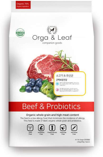 오가앤리프 유기농 애견 가수분해 피부 알러지 눈물 관절 강아지 사료, 1.8kg, 1개