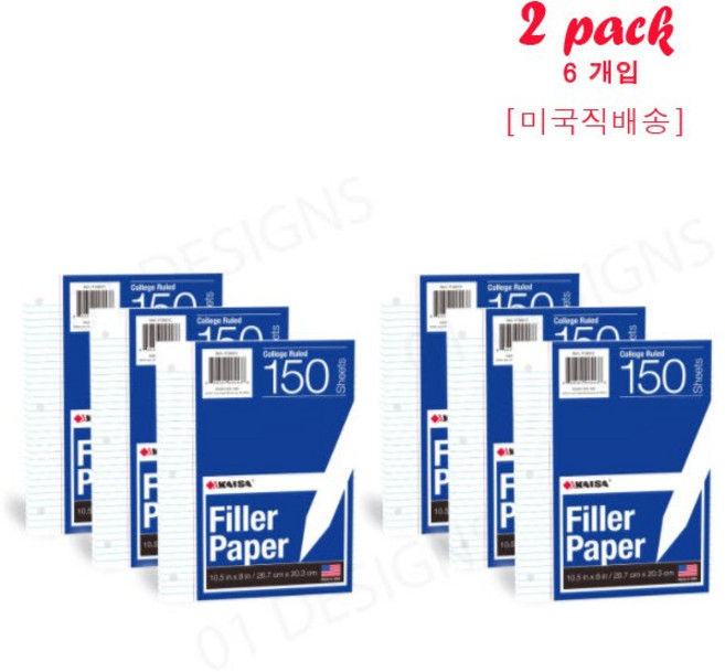 카이사 Loose Leaf Paper 20.3 x 26.4cm(8x10.5인치)College Ruled 3홀 펀칭된 3링 바인더 용지 150 장 6개입 F15001C, 6개