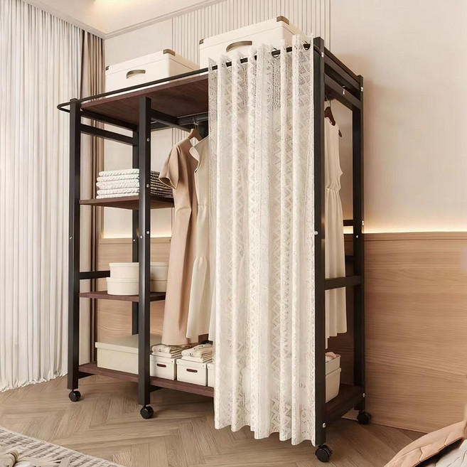 옷장 이동식 철제 시스템 옷장 커튼식 대용량 수납 정리 옷장 조립식 옷장 블랙, 블랙 900MM
