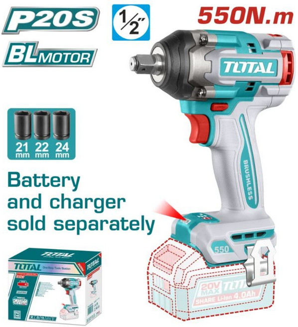 TOTAL 鋰電550N.m 1/2/ 無刷衝擊扳手 單主機 TIWLI20551 P20S BL MOTOR, 1個