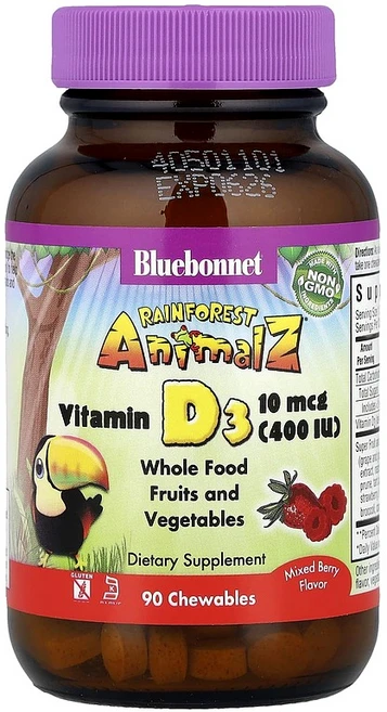블루보넷 레인포레스트 애니멀즈 비타민D3 믹스베리 츄어블 90정, 1개 - 쿠팡