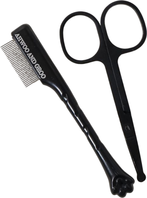 오늘멍냥 강아지 고양이 눈꼽빗 눈물브러시 미용가위 원케어 세트, 1세트, 블랙 (눈꼽빗+손질가위)