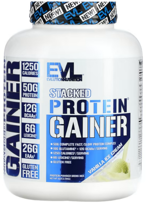 Evlution Nutrition 스택드 프로틴 게이너 바닐라 아이스크림 맛, 1개, 2.72kg
