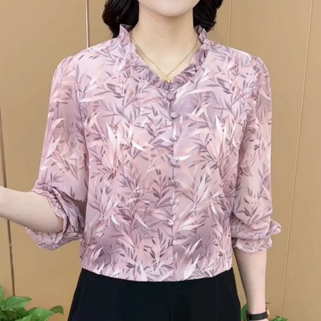 봄 여름 중년 여성 칠부 소매 쉬폰 블라우스 슬림핏 고급 플라워 셔츠 패션 캐주얼 상의 SJS