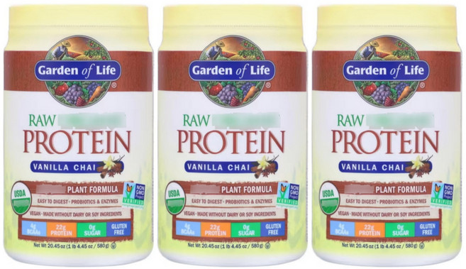 가든 오브 라이프 로우 프로틴 식물성 단백질 플랜트 포뮬라 바닐라 차이 580g x 3개 비건 아미노산 식이섬유 파우더 라이땡 유산균 프로바이오틱스 효소 땡땡땡 마그네슘 셀레늄
