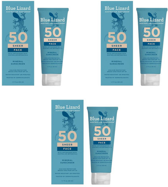 Blue Lizard 블루리자드 시어 페이스 미네랄 SPF 50 선크림 로션, 3개, 50ml