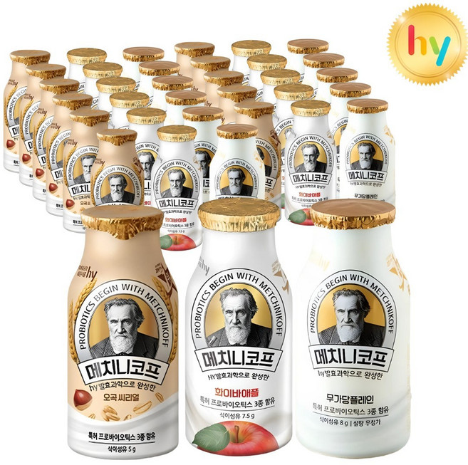 HY 한국야쿠르트 메치니코프 140ml 3가지맛 요거트 (화이바12+무가당플레인12+오곡씨리얼12) 총36입, 36개
