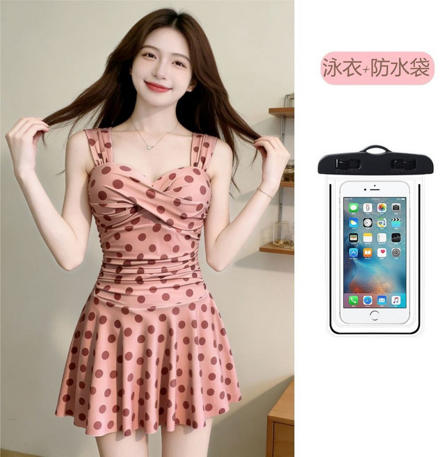 連體裙式泳衣 復古波點設計 遮肚顯瘦, 粉色波點+防水袋,S37.5-45.0公斤