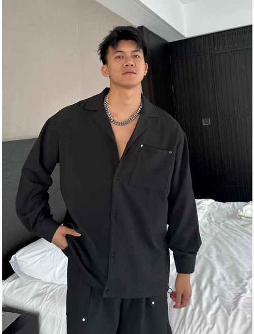 大碼男裝 垂墜簡約透氣輕薄長袖襯衫短褲套裝